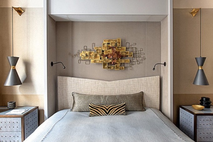 Jean-Louis Deniot contemporary bedroom using mid century moder lighting in black and golden